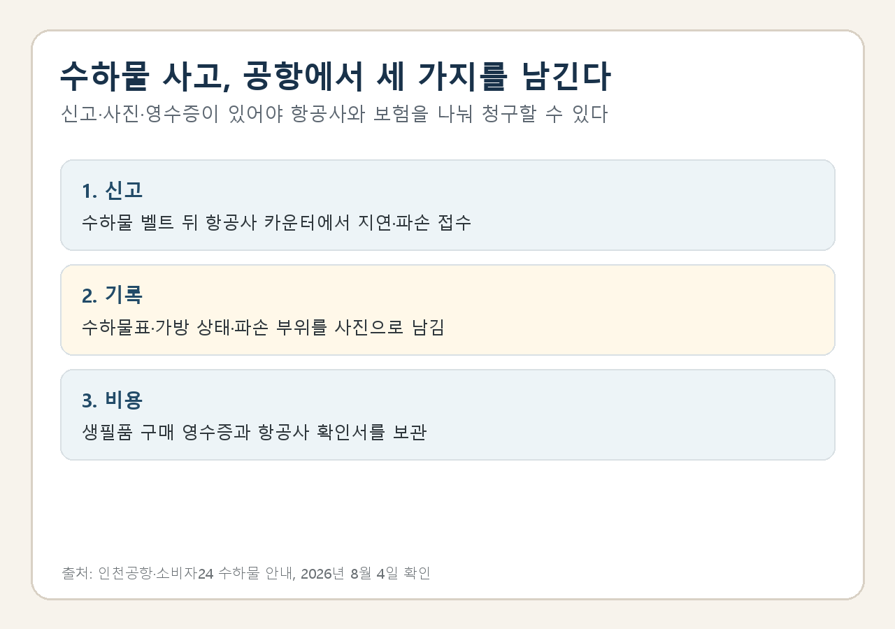 수하물 지연·파손 시 수하물 신고, 사진 촬영, 영수증 보관 순서를 정리한 안내 카드