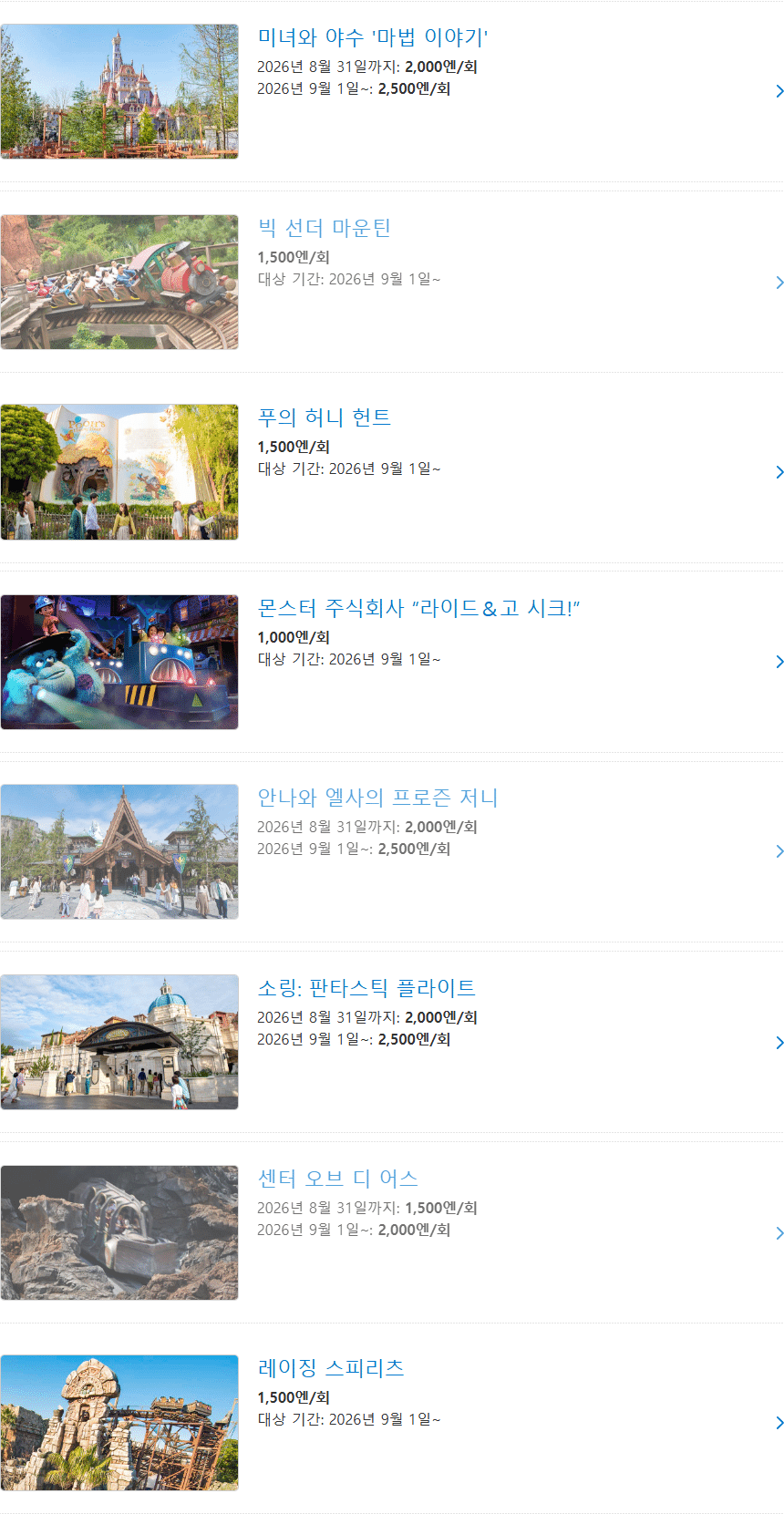 2026년 9월 가격이 오르거나 프리미어 액세스 대상에 추가되는 디즈니랜드와 디즈니씨 어트랙션