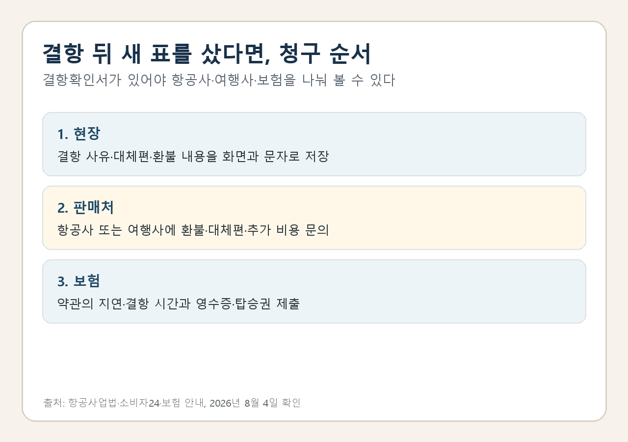 항공사 결항 통지, 새 항공권 영수증, 여행자보험 청구 자료를 순서대로 정리한 안내 카드