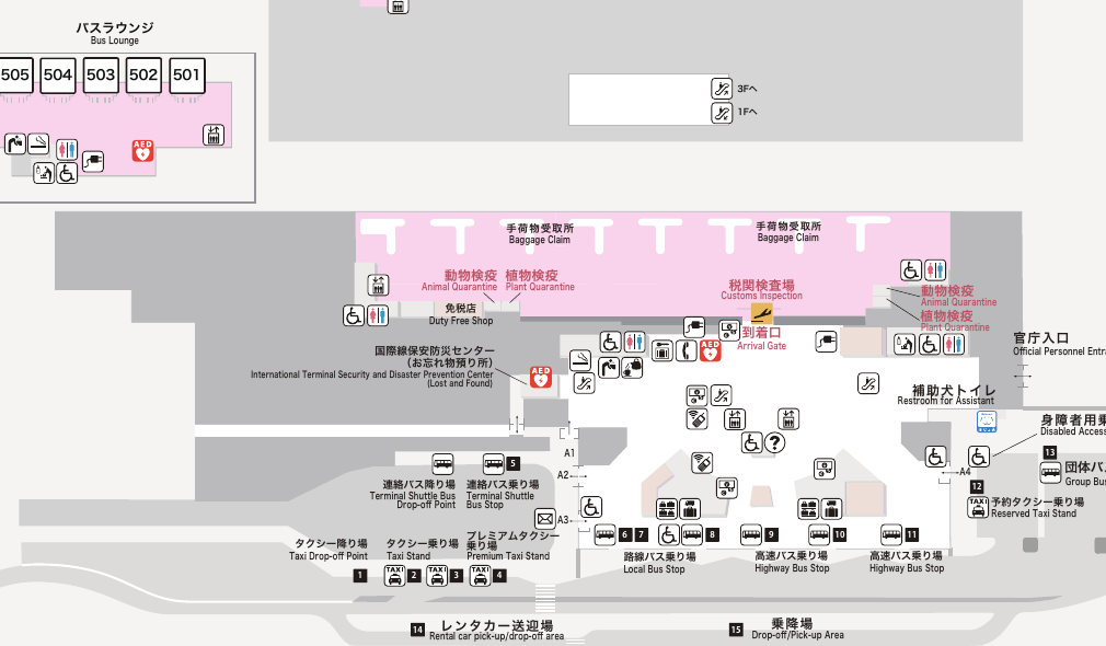 후쿠오카공항 국제선 도착층의 하카타행 6번과 7번, 텐진행 8번 버스 승차장 지도