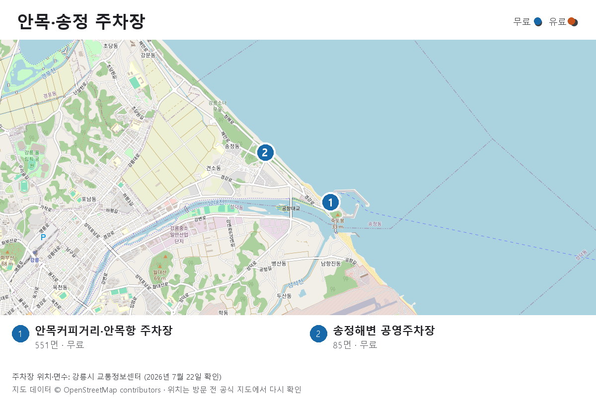 안목커피거리·안목항 무료 주차장과 송정해변 무료 공영주차장의 위치 및 주차면수 지도