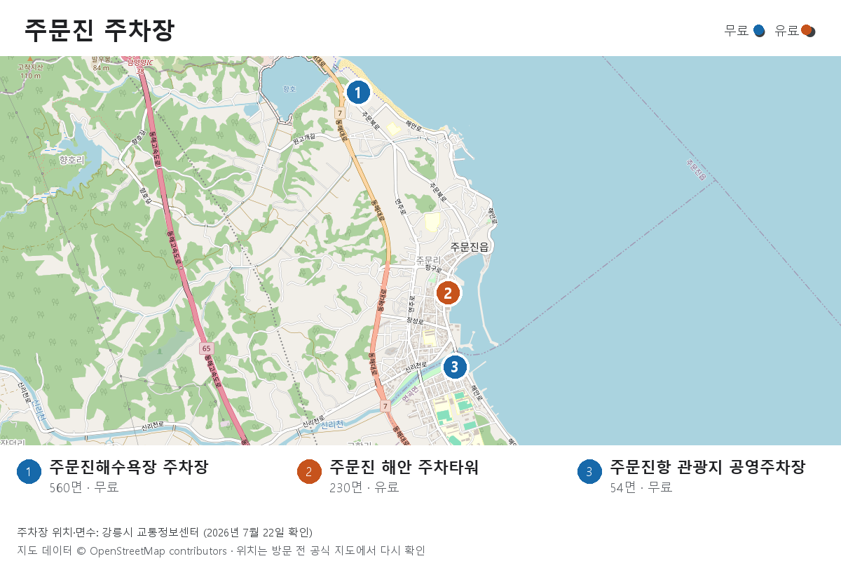 주문진해수욕장 무료 주차장과 주문진 해안 유료 주차타워, 주문진항 무료 공영주차장의 위치 및 주차면수 지도