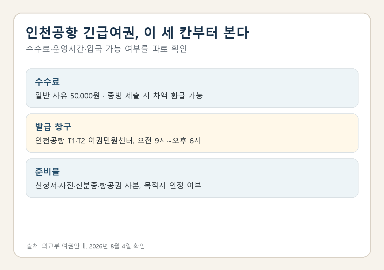 긴급여권 수수료와 인천공항 접수 창구 운영 시간, 목적지 인정 여부를 정리한 안내 카드