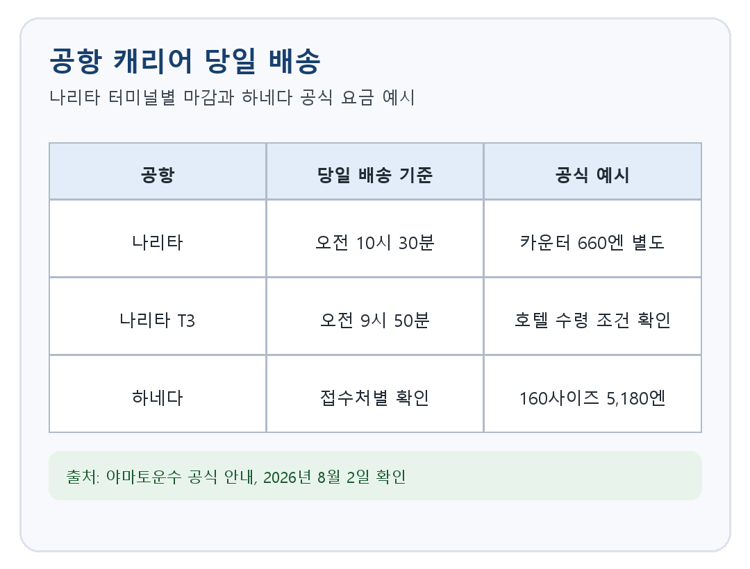 나리타공항 터미널별 당일 배송 마감 시간과 하네다 160사이즈 요금 예시
