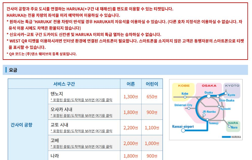WEST QR 하루카의 교토·오사카·고베·나라 구간별 공식 요금과 노선
