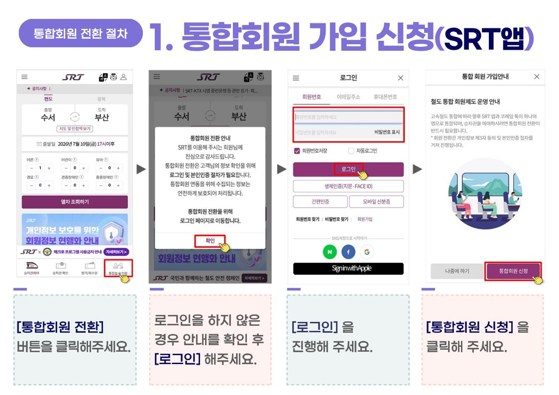 SRT 앱 통합회원 전환 버튼부터 로그인과 통합회원 신청까지 보여주는 공식 안내
