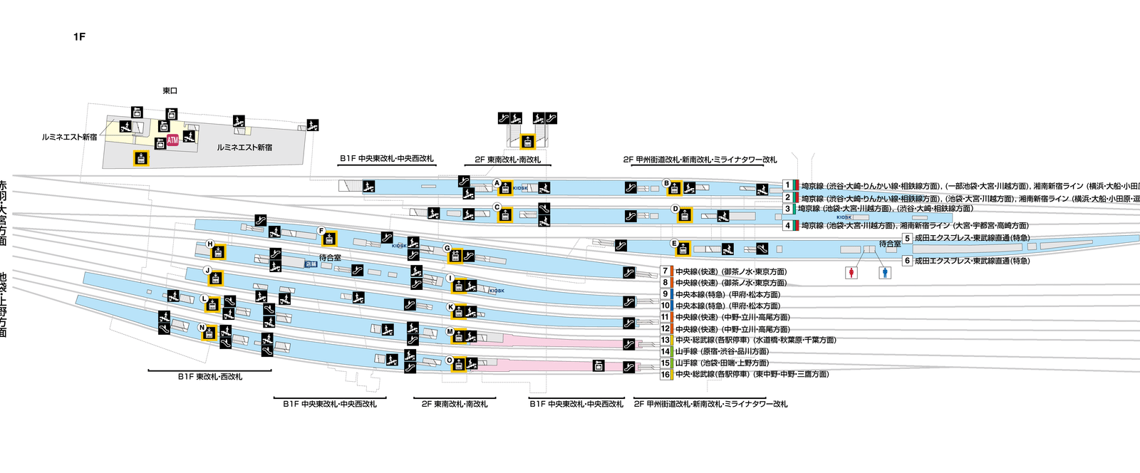 나리타 익스프레스 5·6번 승강장과 신주쿠역 남쪽 개찰구가 표시된 1층 안내도